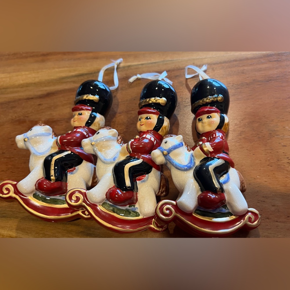3 Vintage Ceramic Christmas Ornament Little Soldier Pony Horse Band Boy Girl